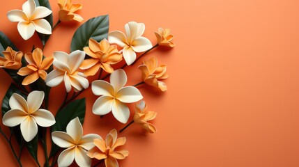 Yellow orange Frangipani Plumeria flower plant with leaves background. Mockup advertisement. template. product presentation. copy text space.