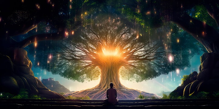 meditating under a huge bodhi tree, which symbolizes enlightenment. Generative AI