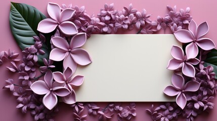 Blank frame with purple violet Frangipani Plumeria flower plant with leaves on pink background. Mockup advertisement. template. product presentation. copy text space.
