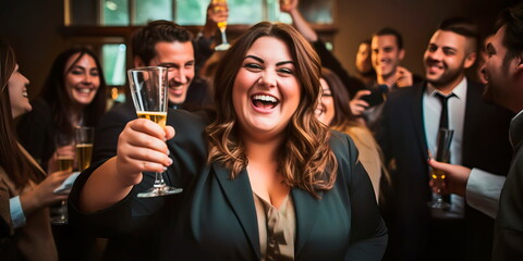 plus-size manager celebrating a successful project completion with her team, highlighting her leadership and appreciation for her employees. Generative AI