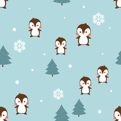 Christmas seamless pattern with cute penguin, pine tree and snowflakes on green mint background vector. 