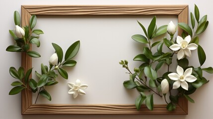 Blank frame photo wooden with Gardenia cape jasmine flower plant with leaves on white background. Mockup advertisement. template. product presentation. copy text space.