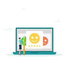 The girl character gives feedback to the customer service operator, selects emoji to show satisfaction rating, and fills out the survey form. Vector illustration.
