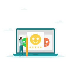 The girl character gives feedback to the customer service operator, selects emoji to show satisfaction rating, and fills out the survey form. Vector illustration.
