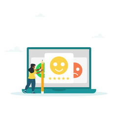 The girl character gives feedback to the customer service operator, selects emoji to show satisfaction rating, and fills out the survey form. Vector illustration.
