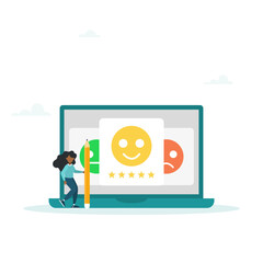The girl character gives feedback to the customer service operator, selects emoji to show satisfaction rating, and fills out the survey form. Vector illustration.
