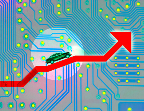 Illustration of electric car driving along arrow rising against circuit board