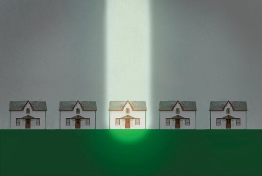 Illustration of row of houses with single one highlighted by spotlight