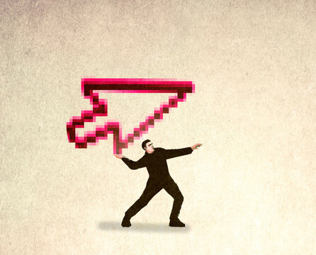 Illustration of man throwing oversized cursor symbolizing cyber attack