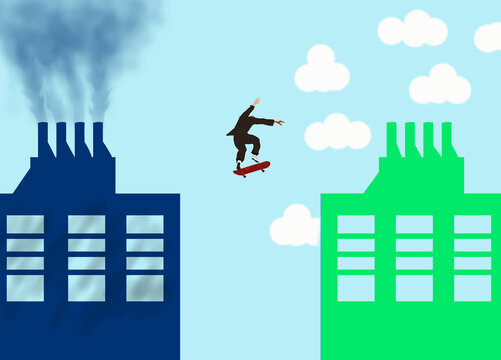 Businessman performing skateboard jump from smoke producing factory towards green sustainable one