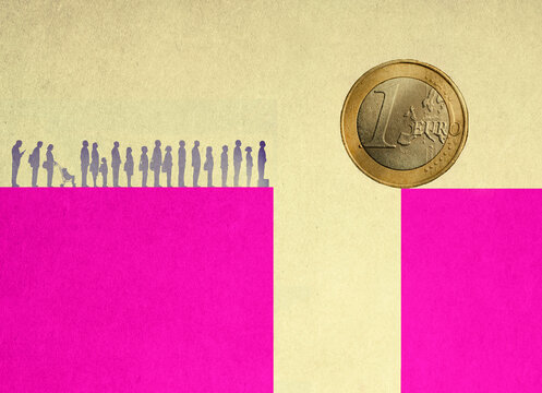 People standing in line at edge of cliff separating oversized euro coin