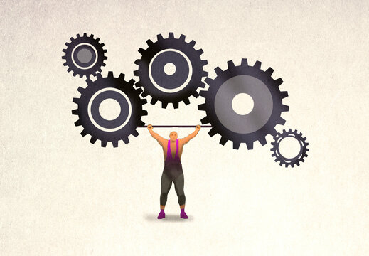 Strongman holding barbell with interlocked gears