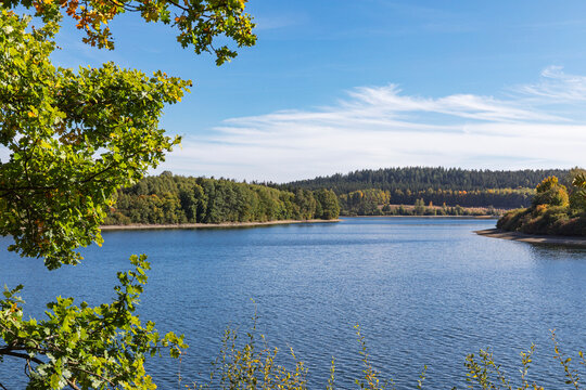 Fototapeta Belgium, Liege Province, View of lake Butgenbach and surrounding forest