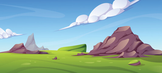 Mountain valley with green grass and rocks . Vector cartoon illustration of summer.