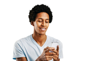 Digital app, typing and black man with smartphone, connection and social media isolated on...