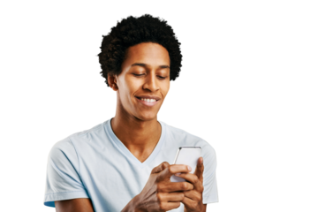 Digital app, typing and black man with smartphone, connection and social media isolated on transparent background. African person, model or guy with cellphone, internet or png with network or contact