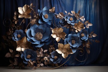 Maternity backdrop, wedding backdrop, photography background, maternity props, Light hoop weaved indigo and copper flowers, elegant wall background, flowing satin drape, backdrop, giant flowers