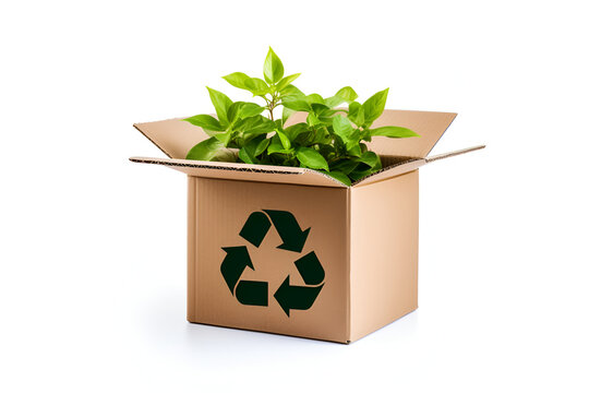 green plant in carton box with recicling simbol generated AI