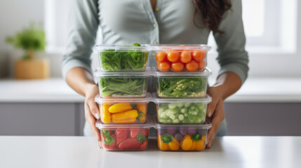 Woman holding plastic containers with fruits and vegetables.