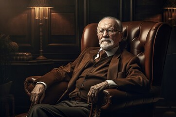 Stylish aristocrat grandfather seated leather armchair. Elderly businessman dressed in classic suit relaxed in chair. Generate ai - obrazy, fototapety, plakaty