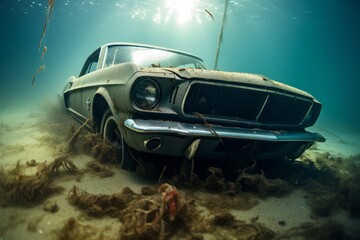 A classic old Ford Mustang drowned underwater inside a river, generated by AI. - obrazy, fototapety, plakaty