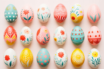 photo of risograph geometric and floral print decorated Easter eggs pattern flat lay, modern, minimalist - Powered by Adobe