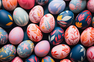 Fototapeta na wymiar photo of risograph geometric and floral print decorated Easter eggs pattern flat lay, modern, minimalist