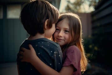Two siblings hugging moment. Cute little sister and brother outdoor embracing affection. Generate ai