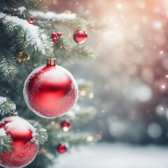 Fototapeta na wymiar red christmas ball on tree, Decorative Red Ornament on Christmas Tree