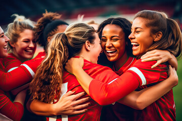 Women from a soccer team celebrating a goal in a match - obrazy, fototapety, plakaty