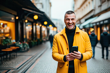 Smiling man using a mobile phone on the street - obrazy, fototapety, plakaty