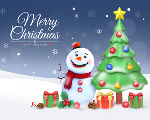 Merry Christmas Background With 3D Rendering Christmas Tree With Snowman And Christmas Elements