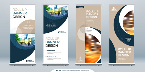 Roll Up banner stand presentation concept. Corporate business roll up template background. Vertical template billboard, banner stand or flag design layout. Poster for conference, forum, shop - obrazy, fototapety, plakaty