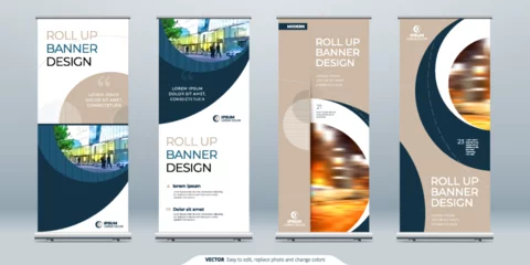 Fotobehang Roll Up banner stand presentation concept. Corporate business roll up template background. Vertical template billboard, banner stand or flag design layout. Poster for conference, forum, shop © great_bergens