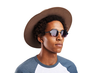 Fashion, confidence and face of black man with hat on isolated, png and transparent background....