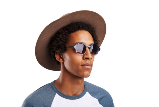 Fashion, confidence and face of black man with hat on isolated, png and transparent background. Attractive, accessories and person in trendy clothes, casual outfit and style with sunglasses and pride - Powered by Adobe