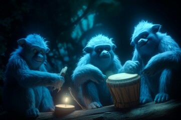 Blue bigfoots playing drums. Furry and talented animals play music with sticks. Generate AI