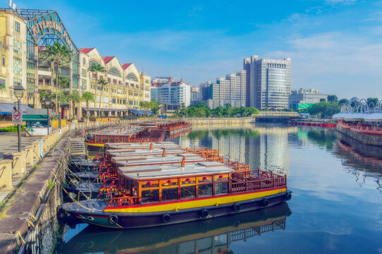 Singapore, Singapore City, Row of boats moored in Clarke Quay