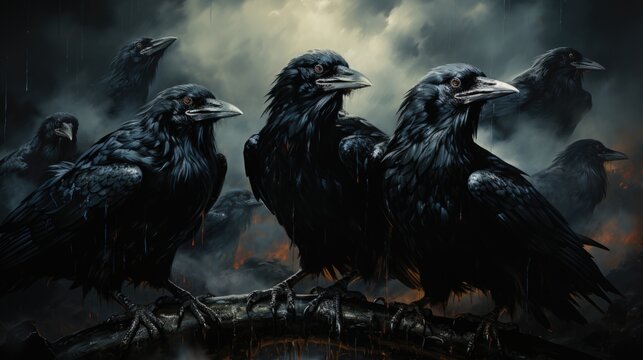 Two black birds, evil ravens or crows, sitting on a branch in front of a forest.