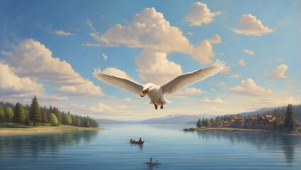 Fototapeta na wymiar bird flying by the beautiful lake 