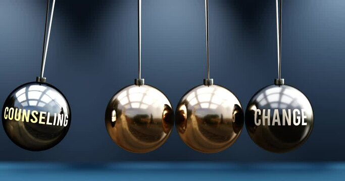 Counseling leads to change. A Newton cradle metaphor in which counseling gives power to set change in motion. Cause and effect relation between counseling and change. Can be looped