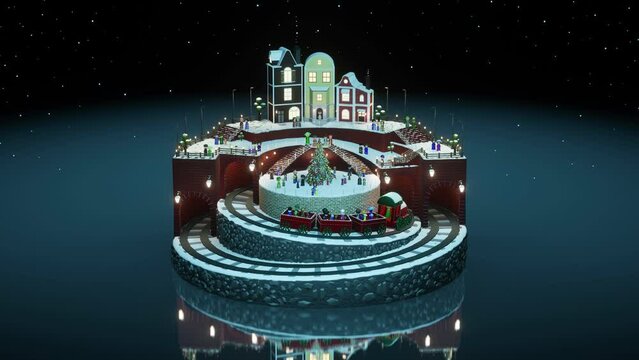 New Year's toy island with trains, houses and people. Christmas and New Year's Eve.  3D render,