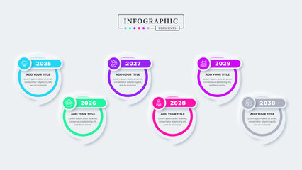Timeline infographic presentation template with 6 steps or options