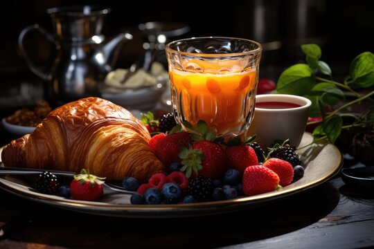 Original composition - French croissant with strawberries, almonds, mint on a plate. Light background. Restaurant, hotel, cafe, confectionery, home comfort.
