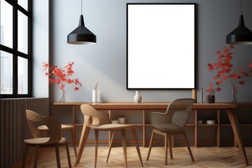 frame with blank poster mockup in room in modern loft style in grey colors