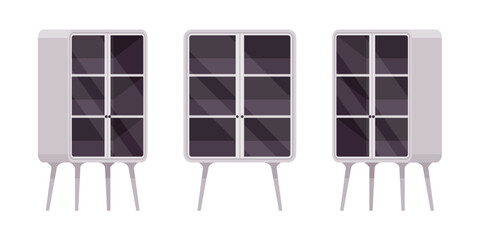 Small bookcase accent set, solid hardwood storage unit, wood feet. Living or study room book display cabinet. Vector flat style cartoon home, office furniture objects isolated on white background