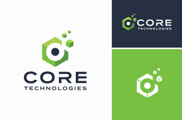 Modern Box Initial Letter C Core with Hexagon Cubes for Digital Technology logo design