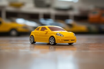 A close up picture of a tiny yellow car toy on the parquet in room, generated by AI.
