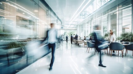 Fototapeta na wymiar Business people rushing in office lobby with motion blur