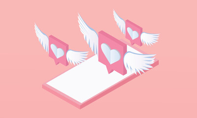 Obraz premium 3d minimal heart and love with wings is flying on mobile phone. social media online emoji icon platform concept, communication on application.on pastel background
